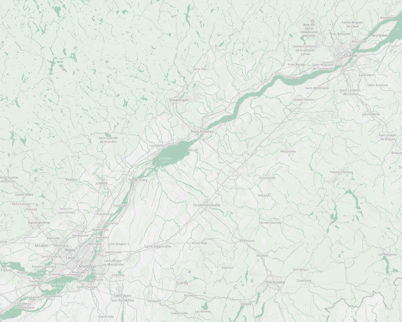 Carte du corridor du Saint-Laurent, de Montréal à Québec, avec nos zones de ramassage.
